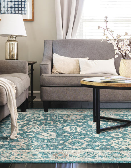 Turquoise 7' 10 x 10' Penrose Rectangle Area Rug Classic Durable Stain Resistant Easy Clean Carpet for Traditional Indoor Home Decor for Sale at Rug Engine