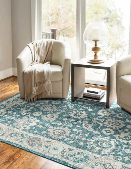 Turquoise 7' 10 x 10' Penrose Rectangle Area Rug Classic Durable Stain Resistant Easy Clean Carpet for Traditional Indoor Home Decor for Sale at Rug Engine