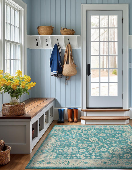 Turquoise 7' 10 x 7' 10 Penrose Square Area Rug Classic Durable Stain Resistant Easy Clean Carpet for Traditional Indoor Home Decor for Sale at Rug Engine