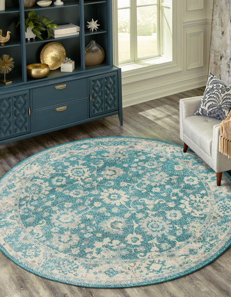 Turquoise 6' 1 x 6' 1 Penrose Round Area Rug Classic Durable Stain Resistant Easy Clean Carpet for Traditional Indoor Home Decor for Sale at Rug Engine