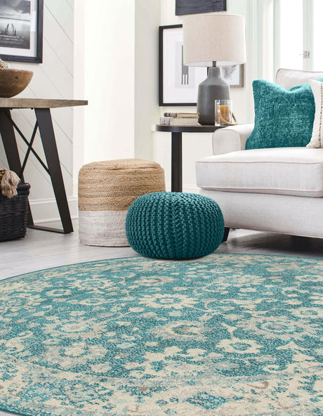 Turquoise 6' 1 x 6' 1 Penrose Round Area Rug Classic Durable Stain Resistant Easy Clean Carpet for Traditional Indoor Home Decor for Sale at Rug Engine