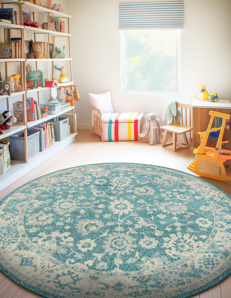 Turquoise 6' 1 x 6' 1 Penrose Round Area Rug Classic Durable Stain Resistant Easy Clean Carpet for Traditional Indoor Home Decor for Sale at Rug Engine