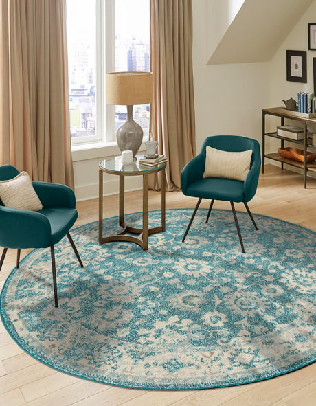 Turquoise 6' 1 x 6' 1 Penrose Round Area Rug Classic Durable Stain Resistant Easy Clean Carpet for Traditional Indoor Home Decor for Sale at Rug Engine