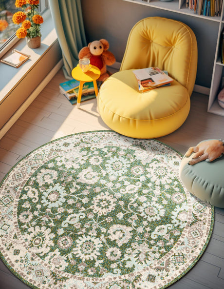 Green 6' 1 x 6' 1 Penrose Round Area Rug Classic Durable Stain Resistant Easy Clean Carpet for Traditional Indoor Home Decor for Sale at Rug Engine