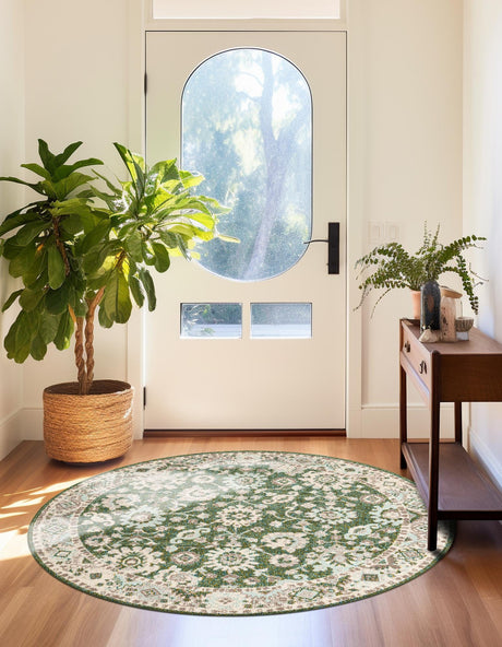 Green 6' 1 x 6' 1 Penrose Round Area Rug Classic Durable Stain Resistant Easy Clean Carpet for Traditional Indoor Home Decor for Sale at Rug Engine