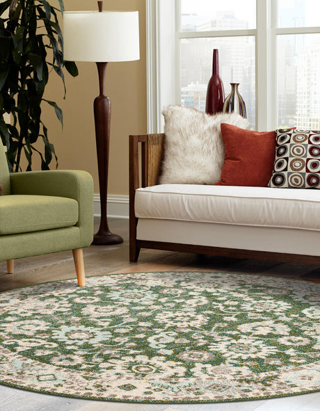 Green 6' 1 x 6' 1 Penrose Round Area Rug Classic Durable Stain Resistant Easy Clean Carpet for Traditional Indoor Home Decor for Sale at Rug Engine