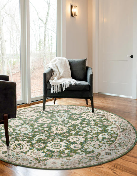 Green 6' 1 x 6' 1 Penrose Round Area Rug Classic Durable Stain Resistant Easy Clean Carpet for Traditional Indoor Home Decor for Sale at Rug Engine