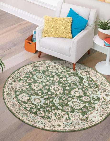 Green 6' 1 x 6' 1 Penrose Round Area Rug Classic Durable Stain Resistant Easy Clean Carpet for Traditional Indoor Home Decor for Sale at Rug Engine