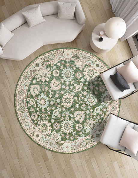 Green 6' 1 x 6' 1 Penrose Round Area Rug Classic Durable Stain Resistant Easy Clean Carpet for Traditional Indoor Home Decor for Sale at Rug Engine
