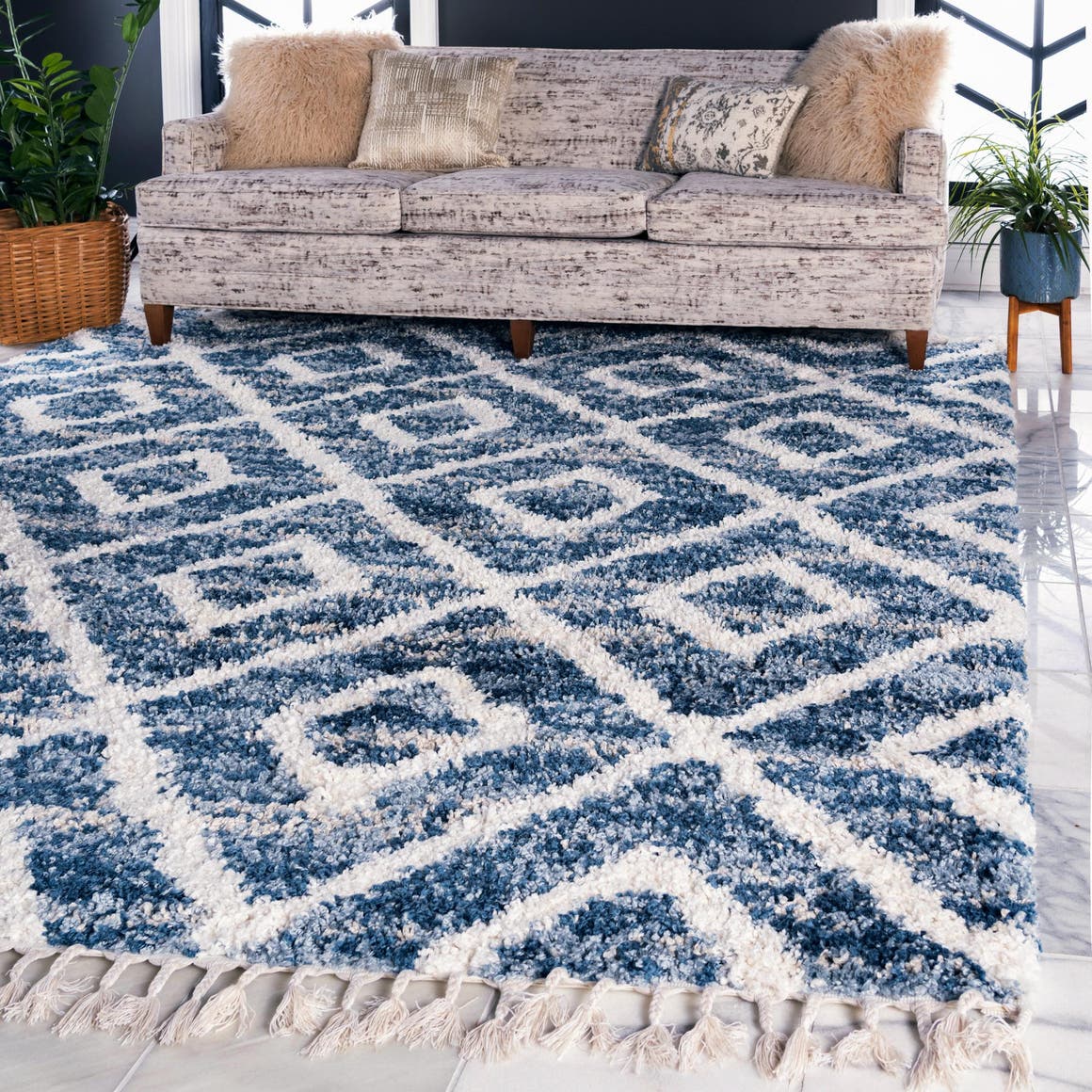 Blue 8' x 8' Hygge Shag Square Area Rug Thick Soft Touch Fluffy & Plus ...