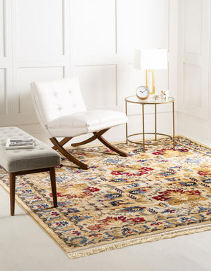 Ivory 8' x 8' District Square Area Rug 100% Polypropylene Easy Clean Stain Resistant Traditional Pattern Classic Carpet for Indoor Dining Living Office for Sale at Rug Engine