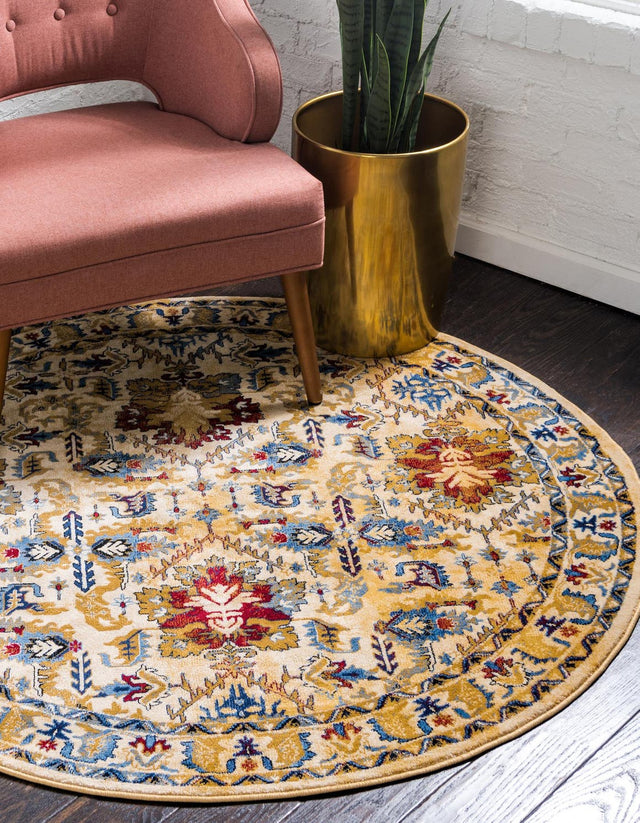 Ivory 5' 3 x 5' 3 District Round Area Rug 100% Polypropylene Easy Clean Stain Resistant Traditional Pattern Classic Carpet for Indoor Dining Living Office for Sale at Rug Engine