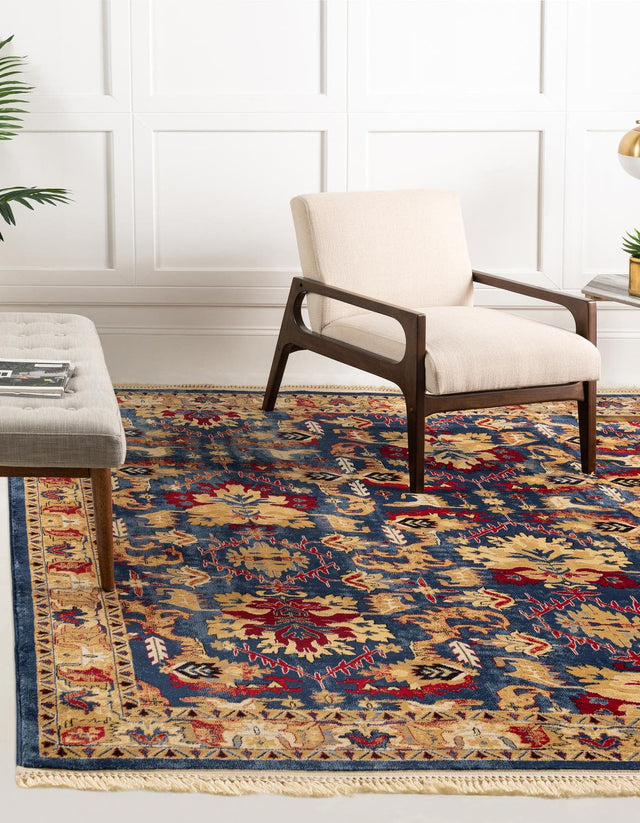 Blue 8' x 8' District Square Area Rug 100% Polypropylene Easy Clean Stain Resistant Traditional Pattern Classic Carpet for Indoor Dining Living Office for Sale at Rug Engine