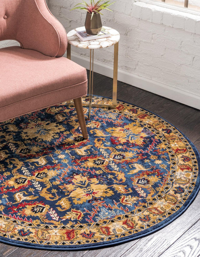 Blue 5' x 5' District Round Area Rug 100% Polypropylene Easy Clean Stain Resistant Traditional Pattern Classic Carpet for Indoor Dining Living Office for Sale at Rug Engine