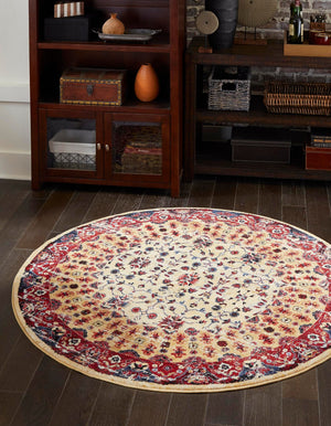 Beige 5' x 5' District Round Area Rug 100% Polypropylene Easy Clean Stain Resistant Traditional Pattern Classic Carpet for Indoor Dining Living Office for Sale at Rug Engine