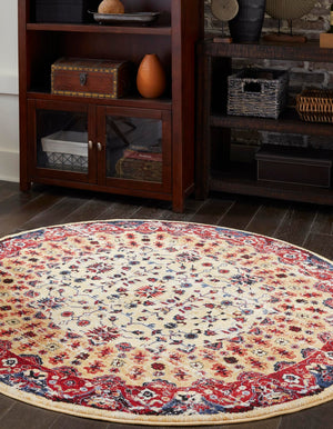 Beige 5' x 5' District Round Area Rug 100% Polypropylene Easy Clean Stain Resistant Traditional Pattern Classic Carpet for Indoor Dining Living Office for Sale at Rug Engine
