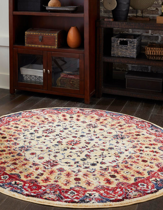 Beige 5' x 5' District Round Area Rug 100% Polypropylene Easy Clean Stain Resistant Traditional Pattern Classic Carpet for Indoor Dining Living Office for Sale at Rug Engine