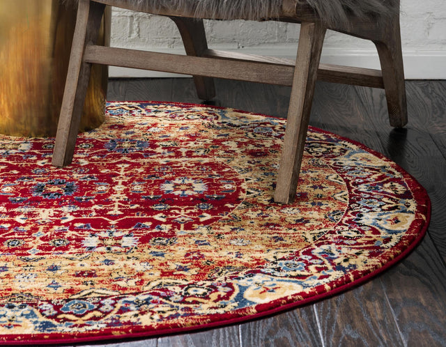 Red 5' x 5' District Round Area Rug 100% Polypropylene Easy Clean Stain Resistant Traditional Pattern Classic Carpet for Indoor Dining Living Office for Sale at Rug Engine