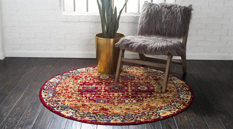 Red 5' x 5' District Round Area Rug 100% Polypropylene Easy Clean Stain Resistant Traditional Pattern Classic Carpet for Indoor Dining Living Office for Sale at Rug Engine