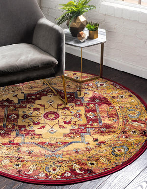 Red 5' x 5' District Round Area Rug 100% Polypropylene Easy Clean Stain Resistant Traditional Pattern Classic Carpet for Indoor Dining Living Office for Sale at Rug Engine