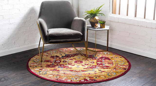 Red 5' x 5' District Round Area Rug 100% Polypropylene Easy Clean Stain Resistant Traditional Pattern Classic Carpet for Indoor Dining Living Office for Sale at Rug Engine