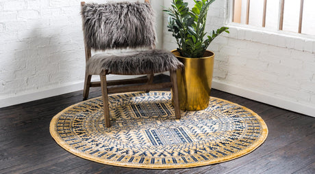 Beige 5' 3 x 5' 3 District Round Area Rug 100% Polypropylene Easy Clean Stain Resistant Traditional Pattern Classic Carpet for Indoor Dining Living Office for Sale at Rug Engine