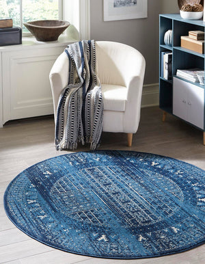 Blue 5' x 5' District Round Area Rug 100% Polypropylene Easy Clean Stain Resistant Traditional Pattern Classic Carpet for Indoor Dining Living Office for Sale at Rug Engine
