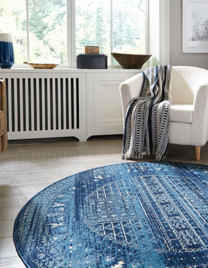Blue 3' 3 x 3' 3 District Round Area Rug 100% Polypropylene Easy Clean Stain Resistant Traditional Pattern Classic Carpet for Indoor Dining Living Office for Sale at Rug Engine