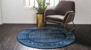 Blue 3' 3 x 3' 3 District Round Area Rug 100% Polypropylene Easy Clean Stain Resistant Traditional Pattern Classic Carpet for Indoor Dining Living Office for Sale at Rug Engine
