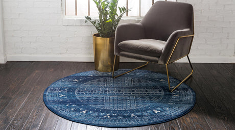 Blue 5' x 5' District Round Area Rug 100% Polypropylene Easy Clean Stain Resistant Traditional Pattern Classic Carpet for Indoor Dining Living Office for Sale at Rug Engine