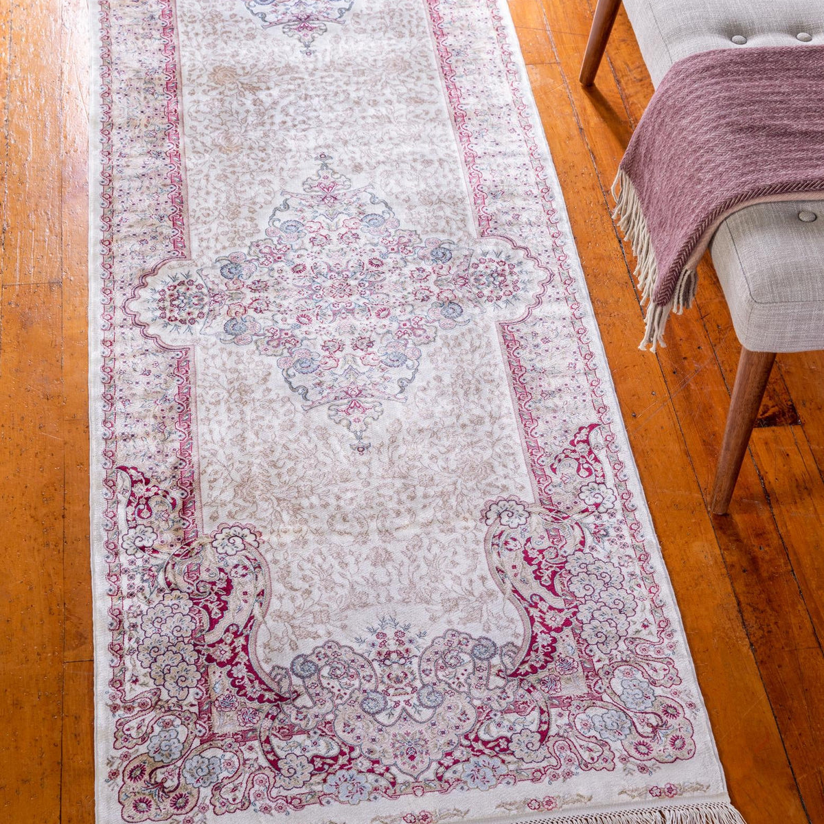 Cream 2' 7 x 9' 10 Qom Bamboo Silk Runner Area Rug 100% Bamboo Silk wi ...