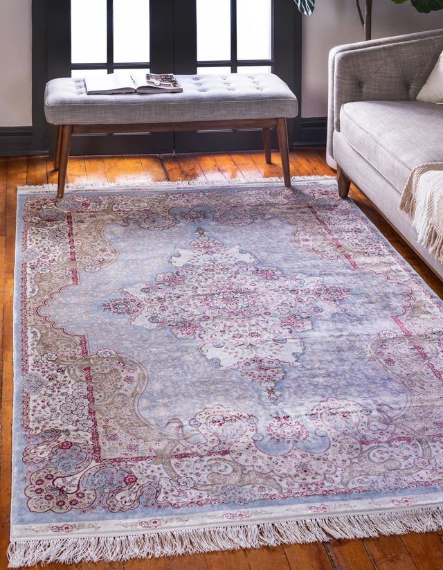 Light Blue 5' 1 x 7' 5 Qom Bamboo Silk Rectangle Area Rug 100% Bamboo Silk with Cotton Backing Luxury Traditional Design Carpet for Interior Design for Sale at Rug Engine