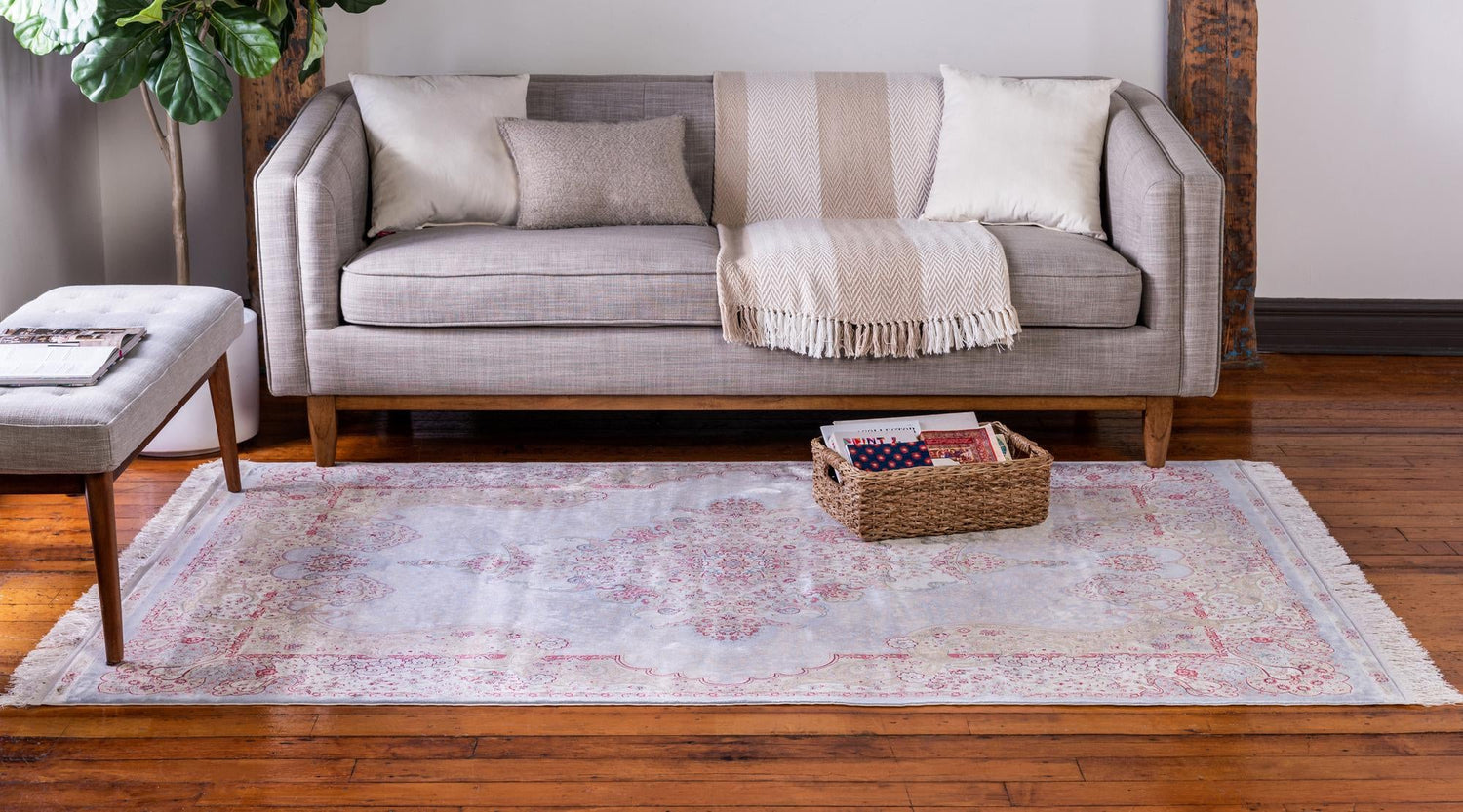 Light Blue 5' 1 x 7' 5 Qom Bamboo Silk Rectangle Area Rug 100% Bamboo Silk with Cotton Backing Luxury Traditional Design Carpet for Interior Design for Sale at Rug Engine