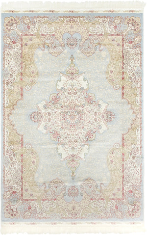 Light Blue 5' 1 x 7' 5 Qom Bamboo Silk Rectangle Area Rug 100% Bamboo Silk with Cotton Backing Luxury Traditional Design Carpet for Interior Design for Sale at Rug Engine