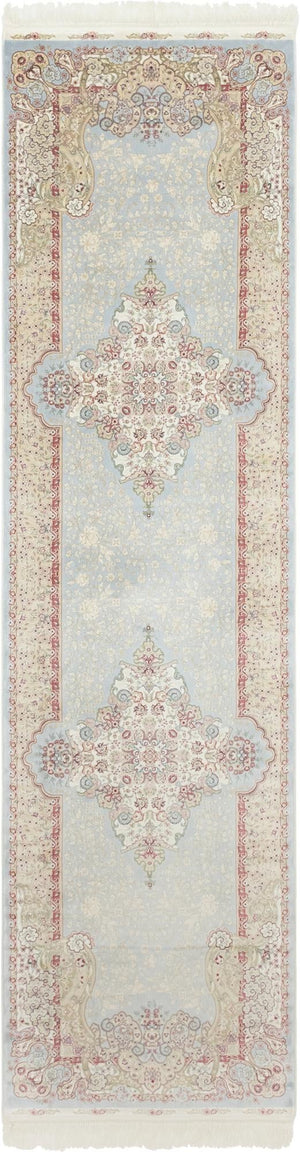 Light Blue 2' 7 x 9' 10 Qom Bamboo Silk Runner Area Rug 100% Bamboo Silk with Cotton Backing Luxury Traditional Design Carpet for Interior Design for Sale at Rug Engine