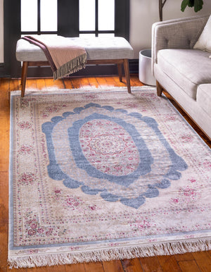 Light Blue 5' 1 x 7' 5 Qom Bamboo Silk Rectangle Area Rug 100% Bamboo Silk with Cotton Backing Luxury Traditional Design Carpet for Interior Design for Sale at Rug Engine