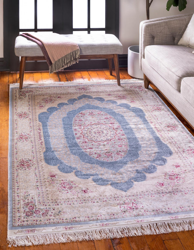 Light Blue 5' 1 x 7' 5 Qom Bamboo Silk Rectangle Area Rug 100% Bamboo Silk with Cotton Backing Luxury Traditional Design Carpet for Interior Design for Sale at Rug Engine