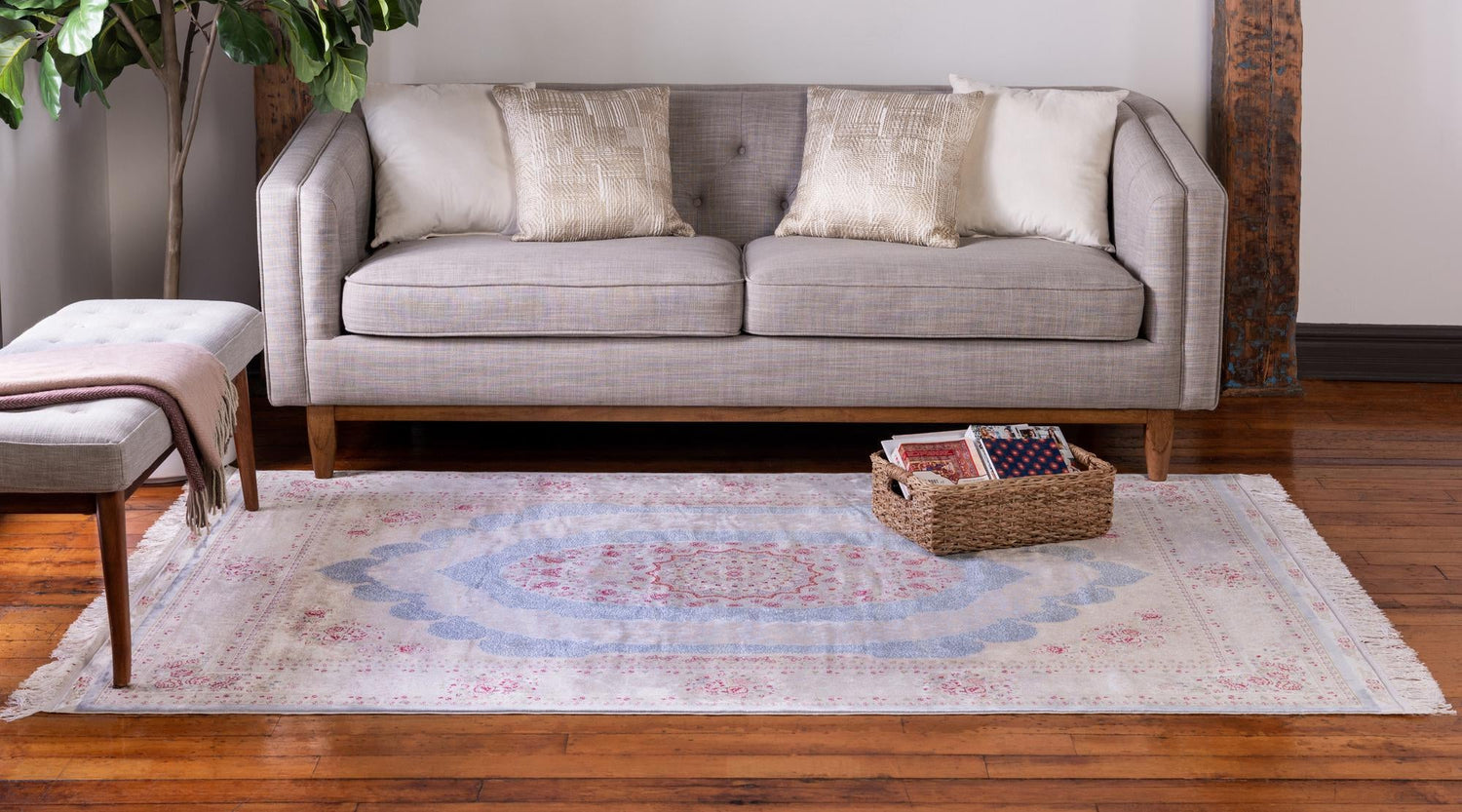 Light Blue 5' 1 x 7' 5 Qom Bamboo Silk Rectangle Area Rug 100% Bamboo Silk with Cotton Backing Luxury Traditional Design Carpet for Interior Design for Sale at Rug Engine