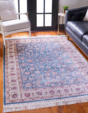 Blue 5' 1 x 7' 5 Qom Bamboo Silk Rectangle Area Rug 100% Bamboo Silk with Cotton Backing Luxury Traditional Design Carpet for Interior Design for Sale at Rug Engine