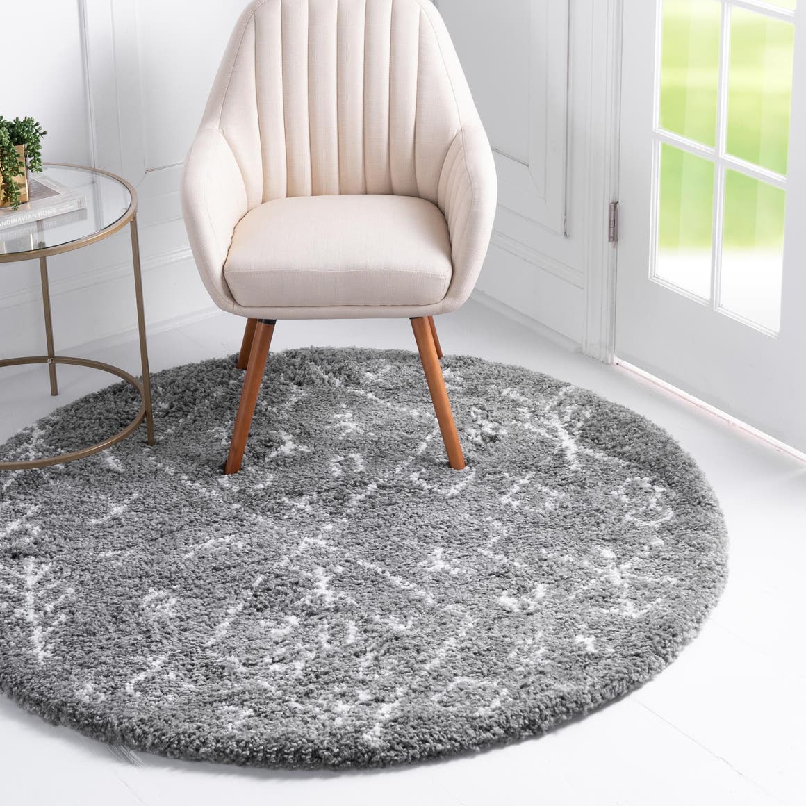 Gray 5' 3 x 5' 3 Rabat Shag Round Area Rug Thick Soft Touch Fluffy & Plush Shaggy Pile Durable Geometric Carpet for Luxury Interior Design for Sale at Rug Engine