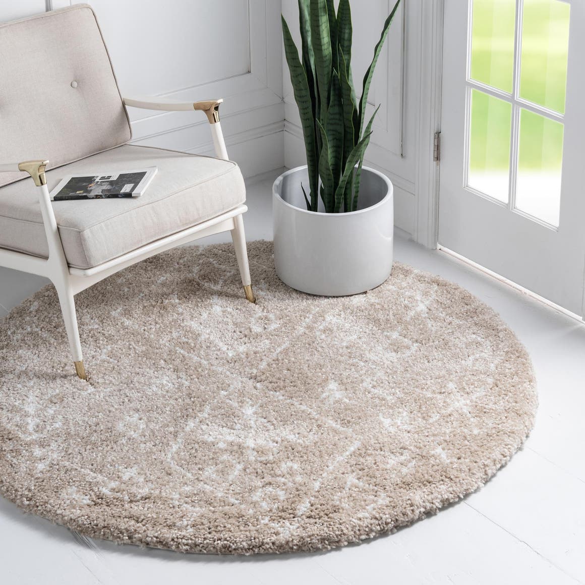 Taupe 5' 1 x 5' 1 Rabat Shag Round Area Rug Thick Soft Touch Fluffy & Plush Shaggy Pile Durable Geometric Carpet for Luxury Interior Design for Sale at Rug Engine