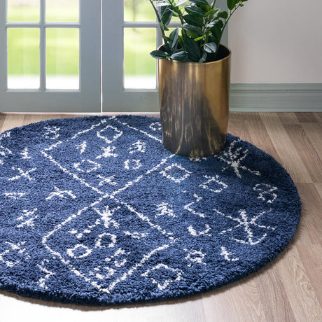 Navy Blue 8' x 8' Rabat Shag Round Area Rug Thick Soft Touch Fluffy & Plush Shaggy Pile