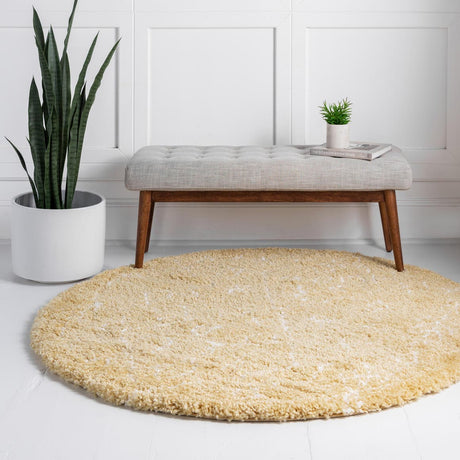 Yellow 8' x 8' Rabat Shag Round Area Rug Thick Soft Touch Fluffy & Plush Shaggy Pile