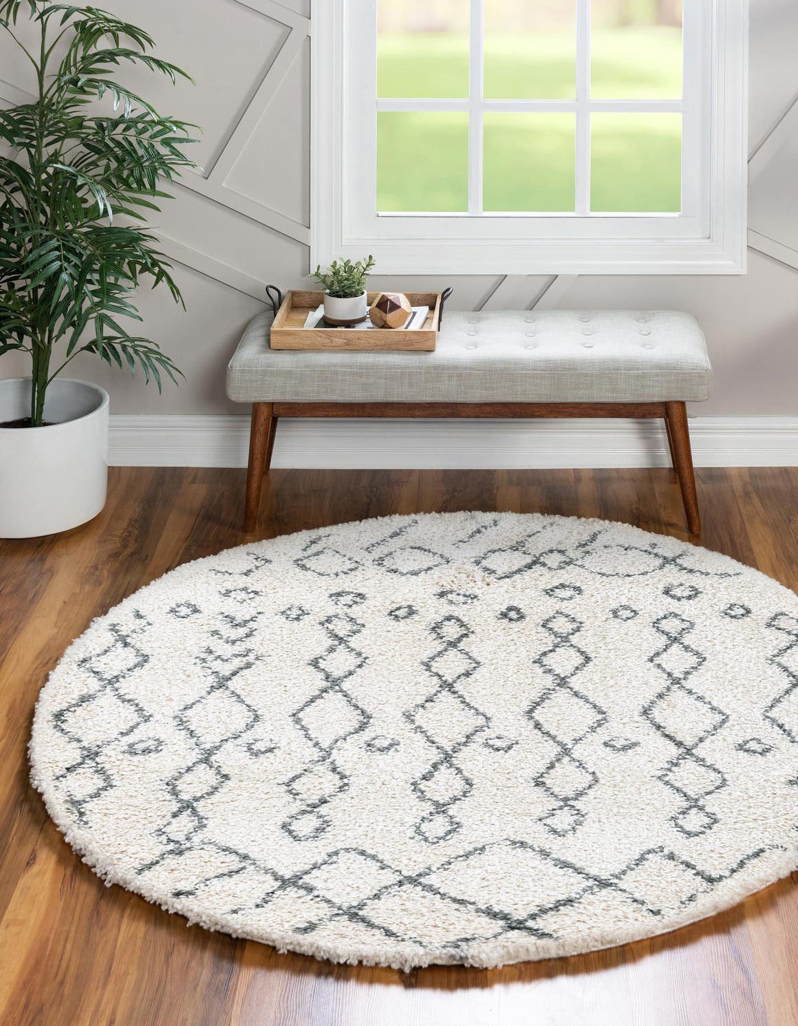 Pure Ivory 9' 10 x 9' 10 Rabat Shag Round Area Rug Thick Soft Touch Fluffy & Plush Shaggy Pile Durable Geometric Carpet for Luxury Interior Design for Sale at Rug Engine