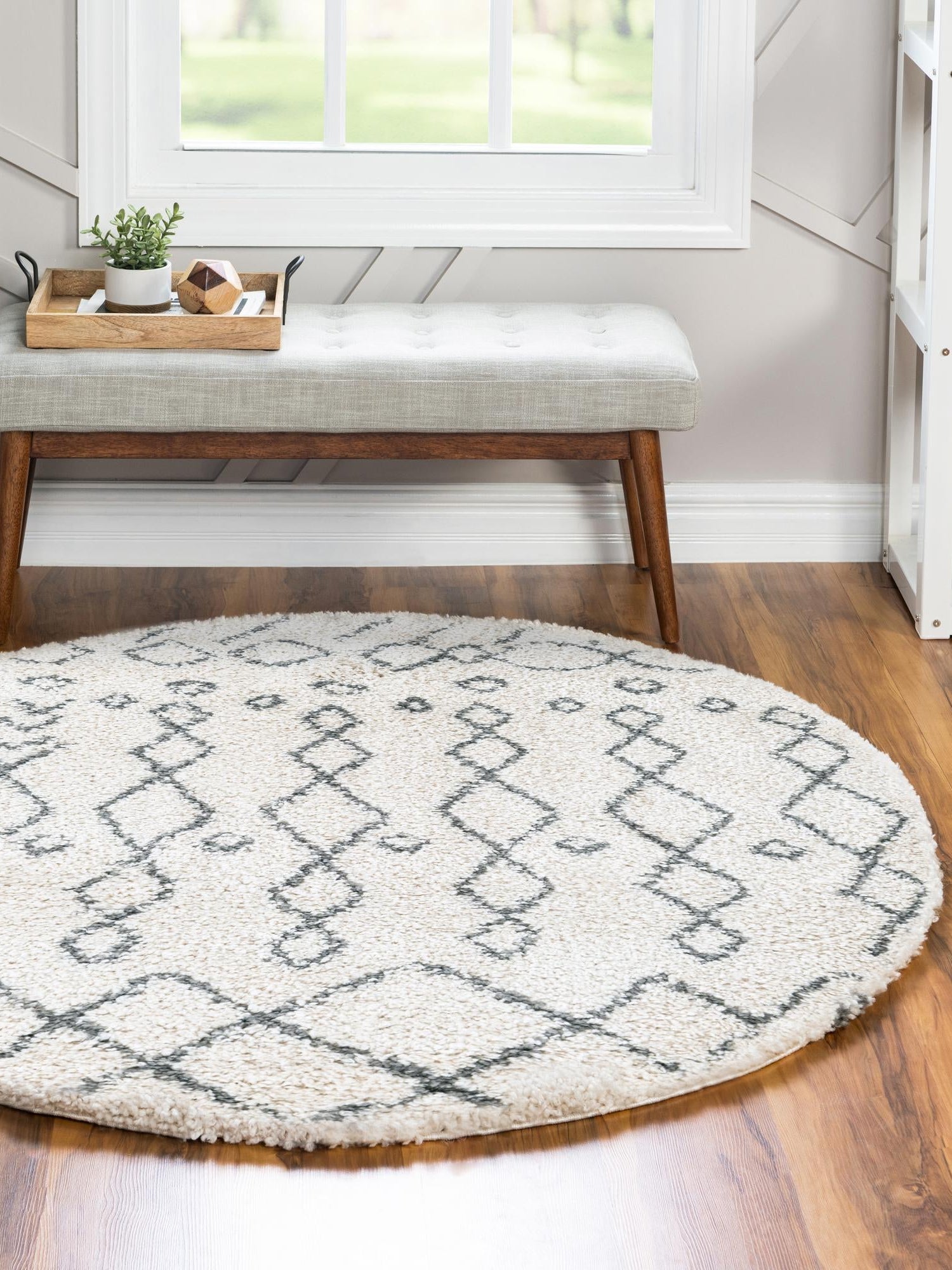 Pure Ivory 6' 1 x 6' 1 Rabat Shag Round Area Rug Thick Soft Touch Fluffy & Plush Shaggy Pile Durable Geometric Carpet for Luxury Interior Design for Sale at Rug Engine