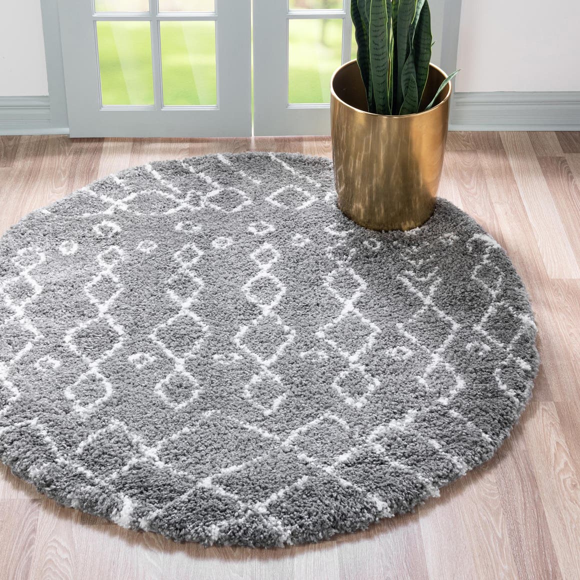 Gray 5' 1 x 5' 1 Rabat Shag Round Area Rug Thick Soft Touch Fluffy & Plush Shaggy Pile Durable Geometric Carpet for Luxury Interior Design for Sale at Rug Engine