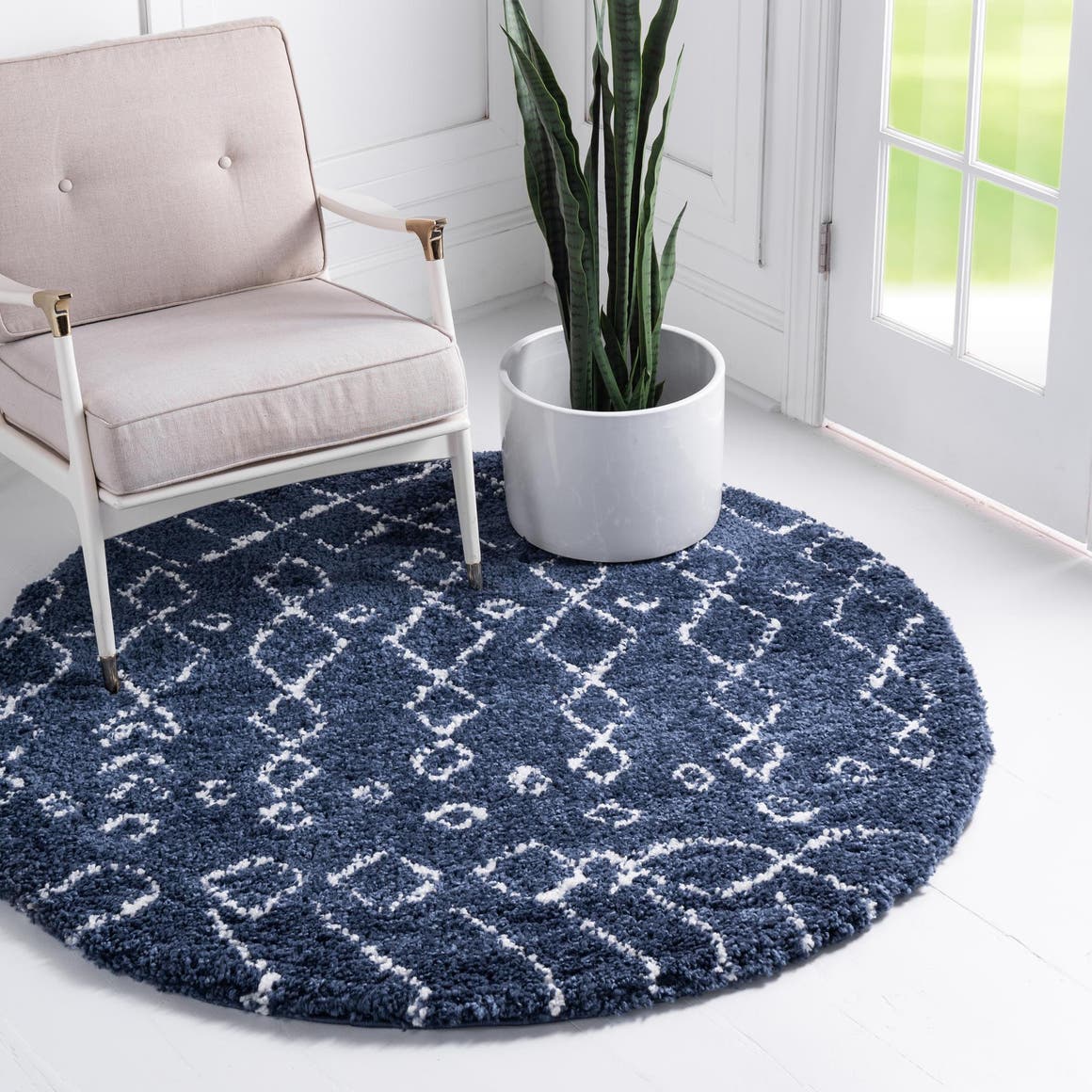 Navy Blue 5' 1 x 5' 1 Rabat Shag Round Area Rug Thick Soft Touch Fluffy & Plush Shaggy Pile Durable Geometric Carpet for Luxury Interior Design for Sale at Rug Engine