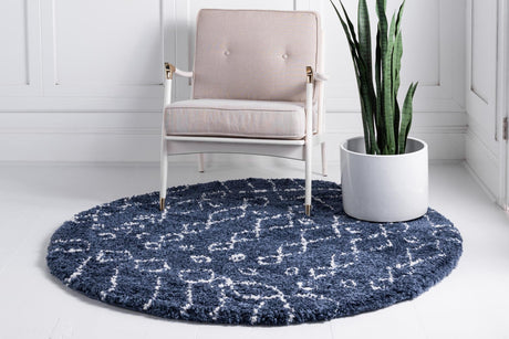 Navy Blue 8' x 8' Rabat Shag Round Area Rug Thick Soft Touch Fluffy & Plush Shaggy Pile Durable Geometric Carpet for Luxury Interior Design for Sale at Rug Engine