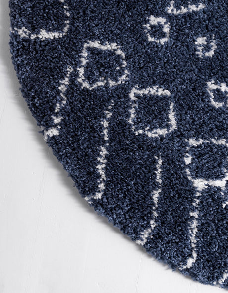 Navy Blue 8' x 8' Rabat Shag Round Area Rug Thick Soft Touch Fluffy & Plush Shaggy Pile Durable Geometric Carpet for Luxury Interior Design for Sale at Rug Engine