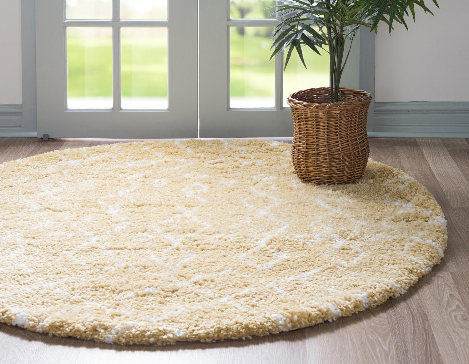 Yellow 5' 1 x 5' 1 Rabat Shag Round Area Rug Thick Soft Touch Fluffy & Plush Shaggy Pile Durable Geometric Carpet for Luxury Interior Design for Sale at Rug Engine
